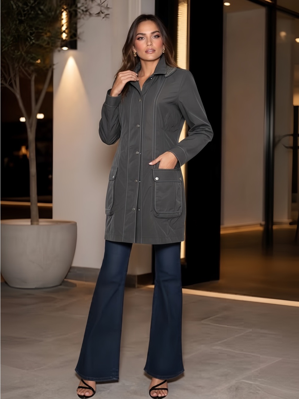 Elie Tahari Charcoal Gray Mid-Length Trench Coat